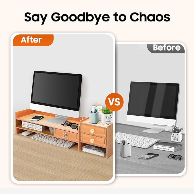 Wood Monitor Stand With Drawers, Desk Organizer With Lockable Drawer & Phone - Image 4