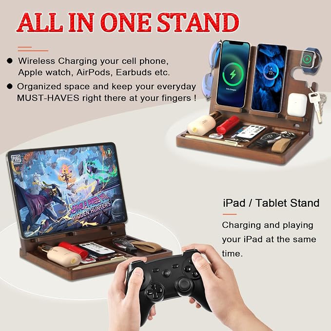 Wood Phone Docking Station Dual Phone Wireless Charging Station Organizer - Image 5