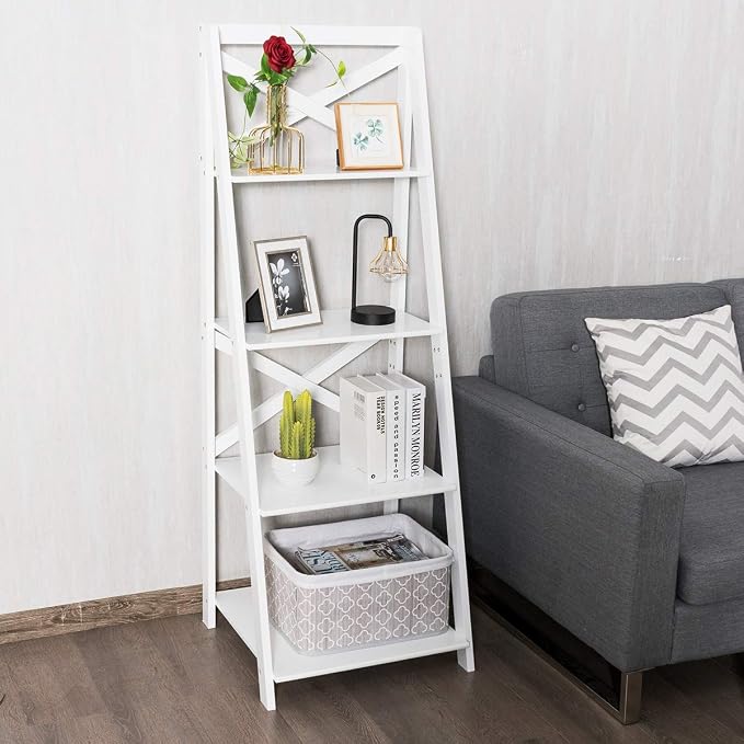 Tangkula 4-Tier Ladder Shelf Bookcase Leaning Free Standing Wooden Frame Decor - Image 6