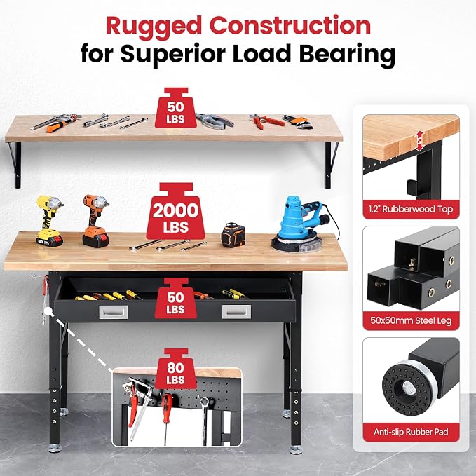 Work Bench with Shelf Bracket 60 Inch Heavy Duty Rubberwood Tabletop Workbench - Image 2