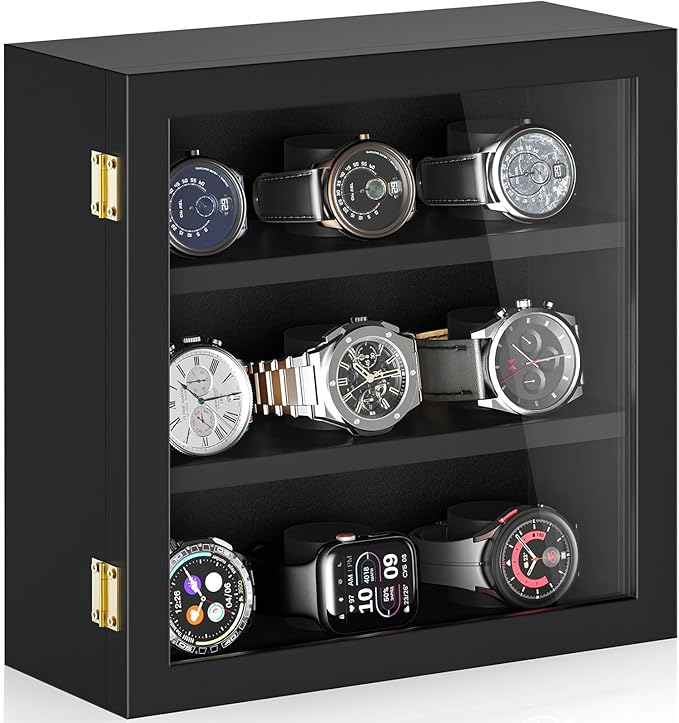 TJ.MOREE 9-Slot Watch Display Case, Wall Mount Wooden Watch Box, Vertical - Image 2