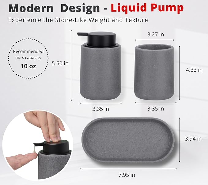 Grey Bathroom Accessories Set, Sandstone Look Soap Dispenser - Image 3