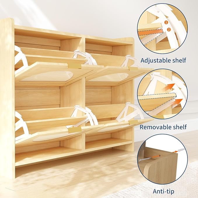 Rattan Shoe Cabinet with 4 Flip Drawers, Natural Wood Shoe Storage Cabinet - Image 4