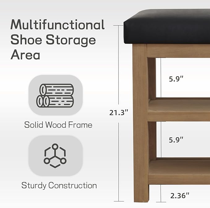 Shoe Rack Bench with Leather Cushion, 2 Tier Solid Wood Storage Bench, - Image 7