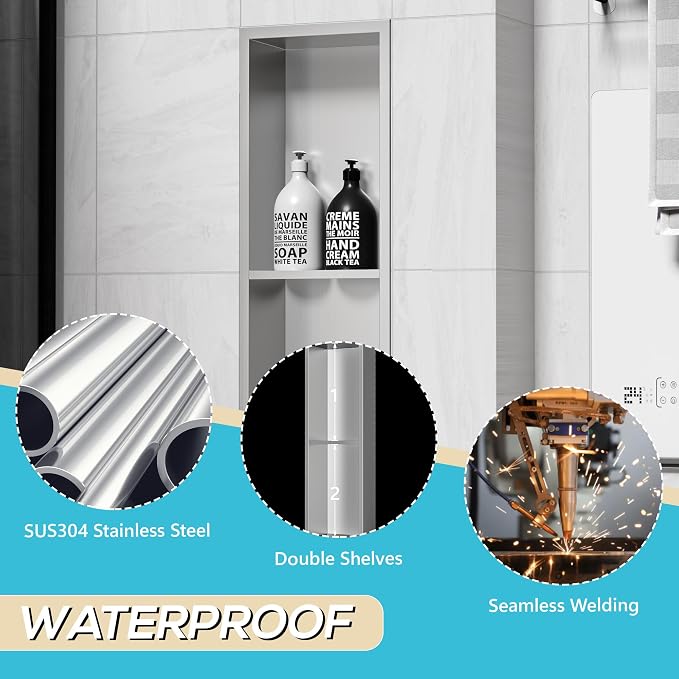 Stainless Steel Shower Niche 24" X 8", No Tile Needed Wall Niche Double Shelves - Image 5