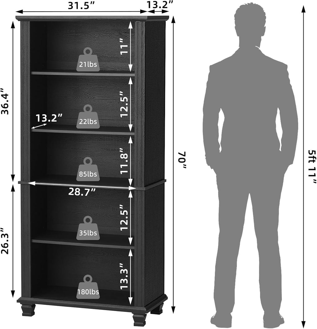 70" Tall Black Bookshelf,5 Tier Wooden Book Shelf with Adjustable