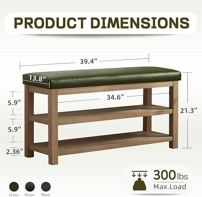 Shoe Rack Bench with Leather Cushion, 2 Tier Solid Wood Storage Bench, - Image 2