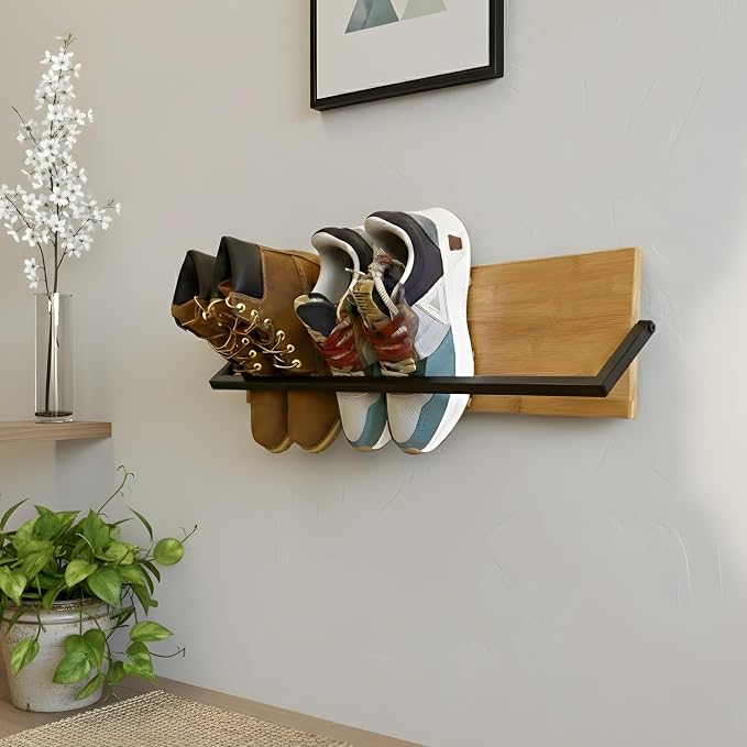 Wall Mounted Shoe Rack Scandinavian Bamboo & Metal Shoe Storage, Space-Saving - Image 2