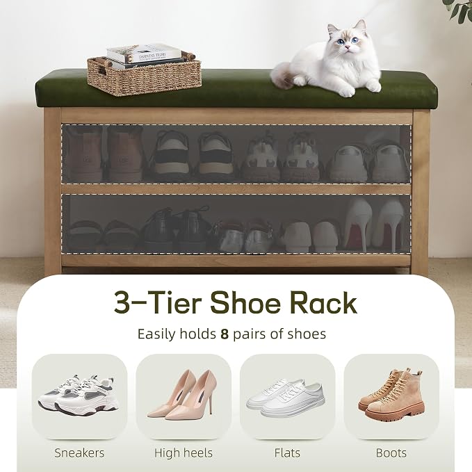 Shoe Rack Bench with Leather Cushion, 2 Tier Solid Wood Storage Bench, - Image 6