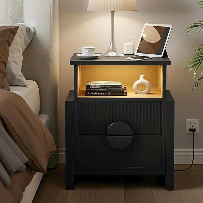 Fluted Nightstand with Charger Station Strip Lights, Large Accent Bed Side - Image 2