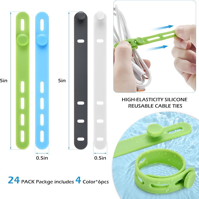 24 Pcs Silicone Cable Ties, Wire Cord Organizer, Cord Ties Reusable Cable - Image 2