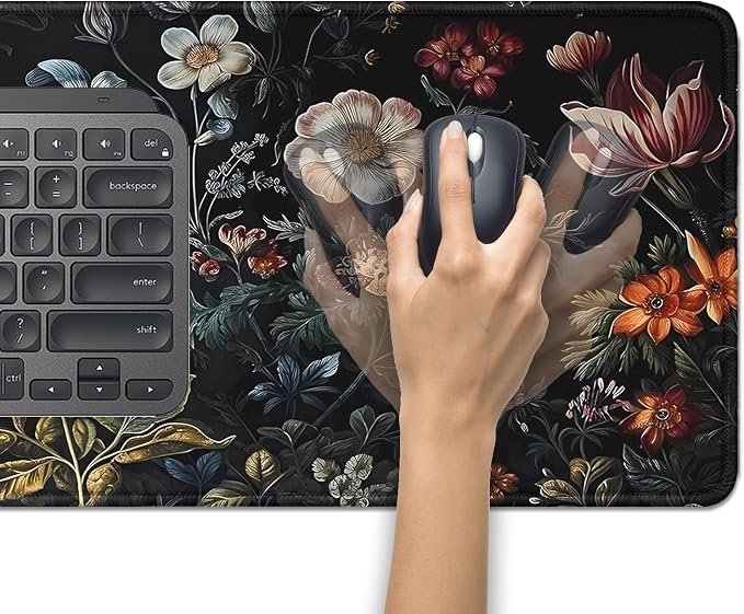 Vintage Aesthetic Mouse Pad, Extended Flower Plant Black Mousepad Desk Pad - Image 4