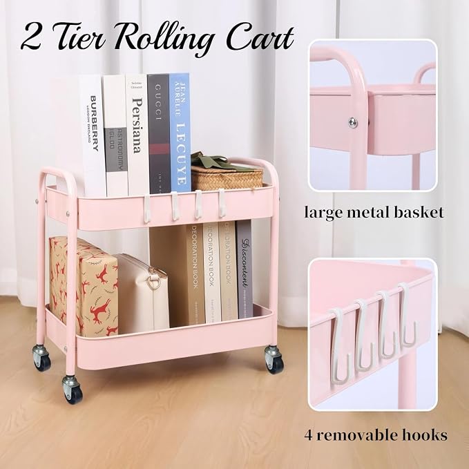 2 Tier Rolling Cart Metal with Wheels Under Desk Storage Cart - Image 4