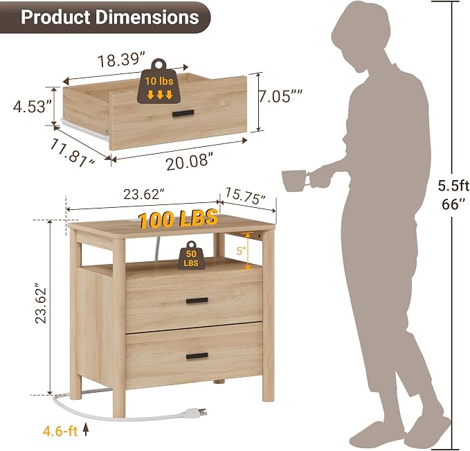 Night Stand with Charging Station, 2 Drawers End Table with Open Shelf - Image 2