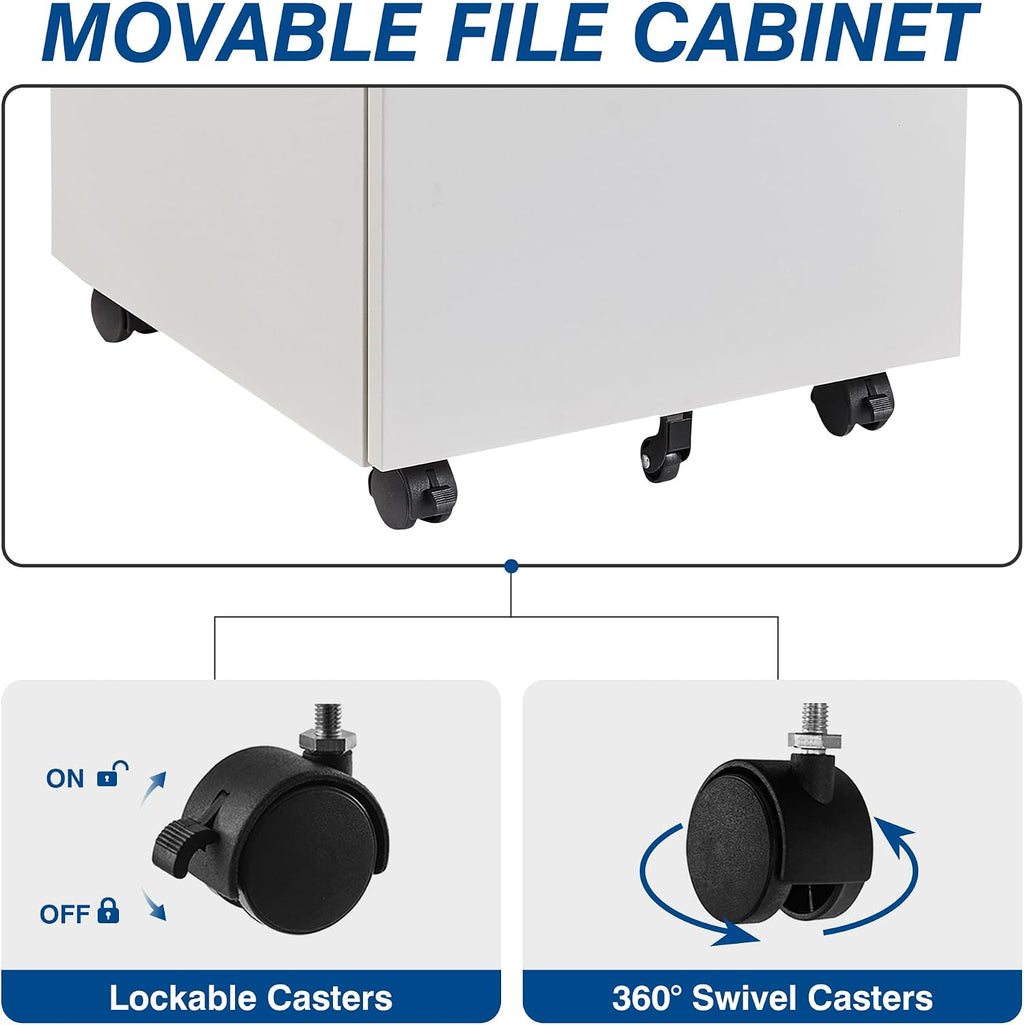 3 Drawer Mobile Metal File Cabinet, White Filling Cabinets with Lock