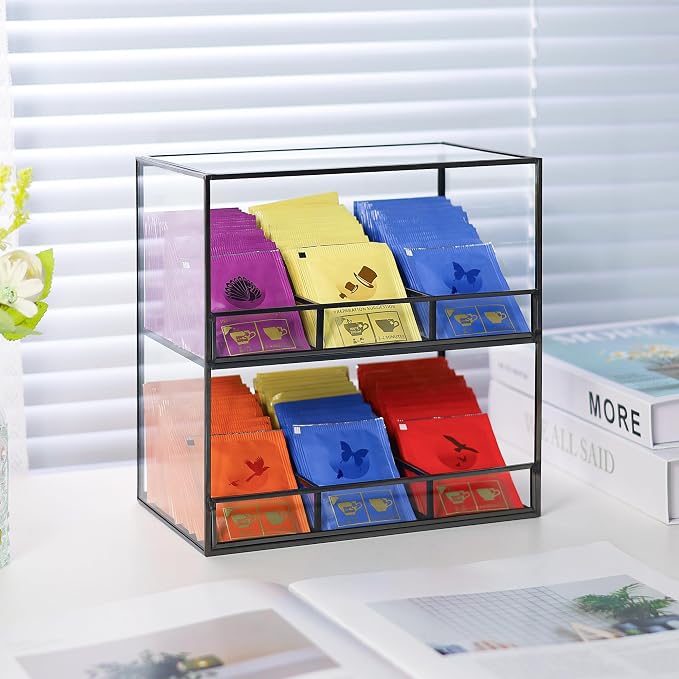 Glass Tea Bag Organizer for Counter, 2-Tier Teabag Organizer Storage Holder for - Image 2