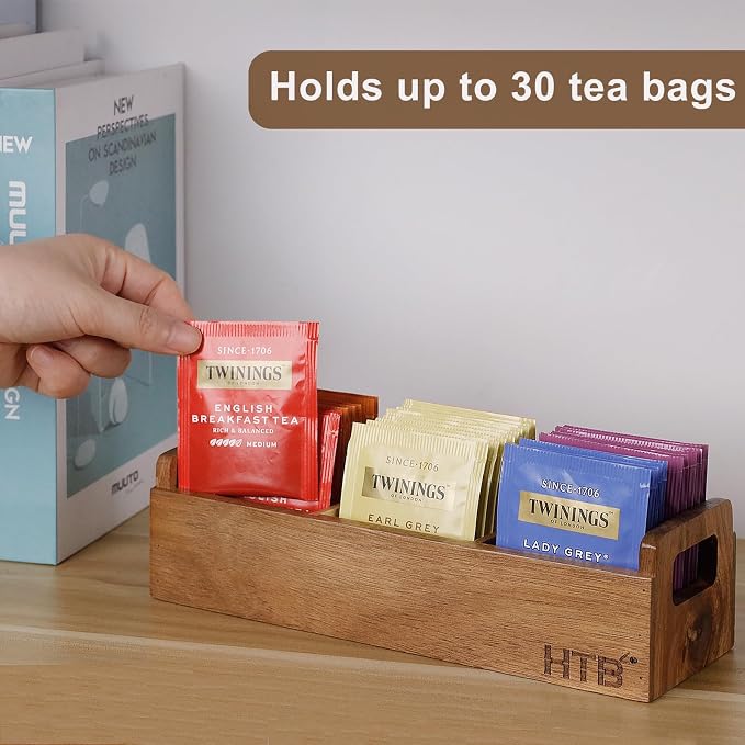HTB Small Tea Bag Box Wooden, 3 Compartments Acacia Wood Tea Bag Chest - Image 4