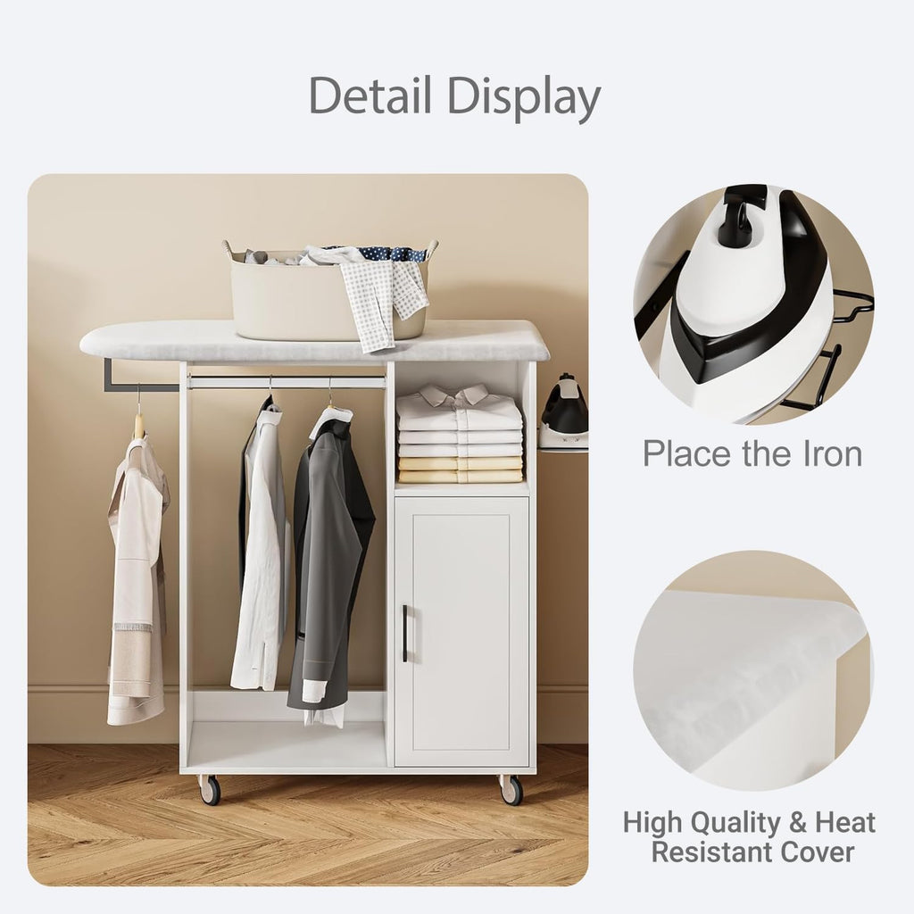 Rolling Ironing Board with Storage Cabinet, Multipurpose Wooden