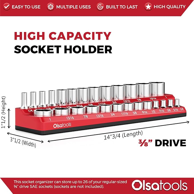Olsa Tools Magnetic Socket Organizer | 3/8-inch Drive | SAE | RED | Holds 26 - Image 3
