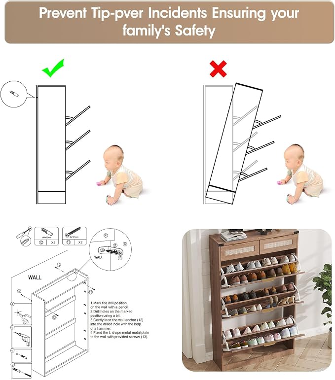 Shoe Cabinet with 3 Flip Drawers & 2 Drawers, Freestanding Shoe Storage Cabinet - Image 9