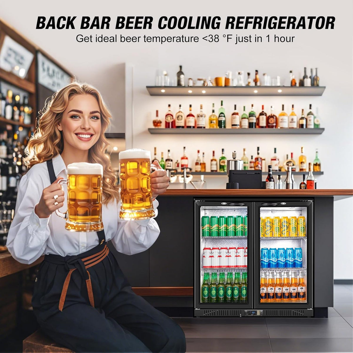 35.4" 7.4 Cu. Ft. Back Bar Cooler, 2 Glass Door Beverage Fridge