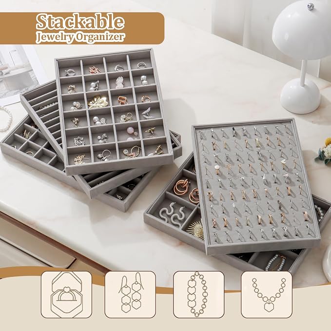 Large Velvet Jewelry Tray 2 Pack Stackable Jewelry Display Drawer Inserts Trays - Image 3