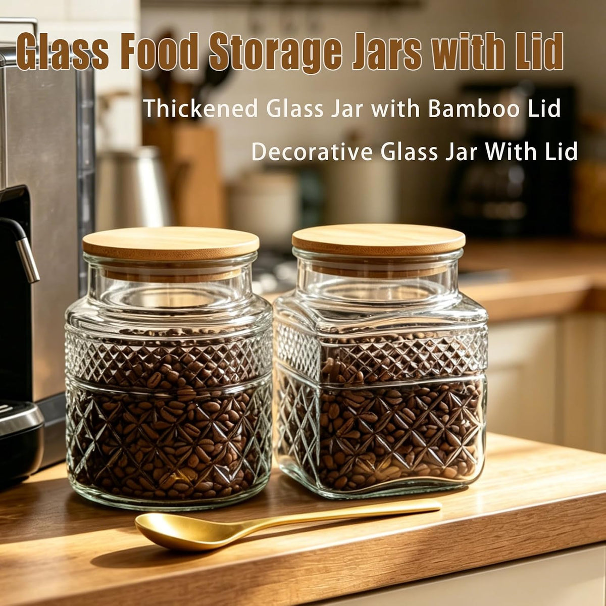 Viovian 38 oz Square Glass Storage Jars with Airtight Lids and Spoon