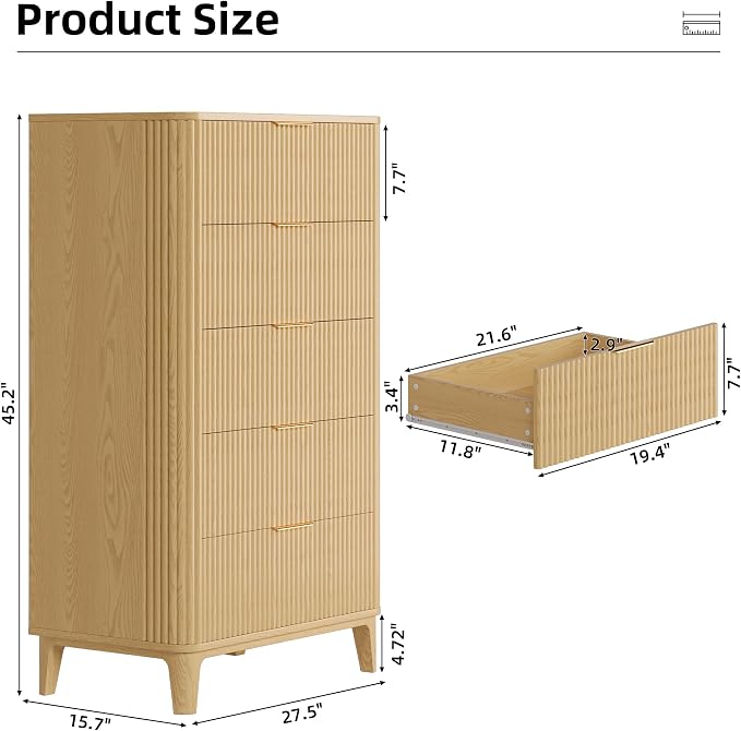 Fluted 5 Drawers Dresser for Bedroom, Farmhouse Wooden Vertical Dresser - Image 2