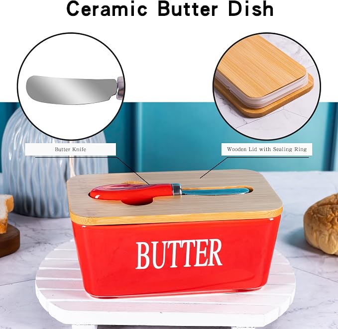 Red Butter Dish with Lid for Countertop, Large Ceramic Covered Butter Stick - Image 3