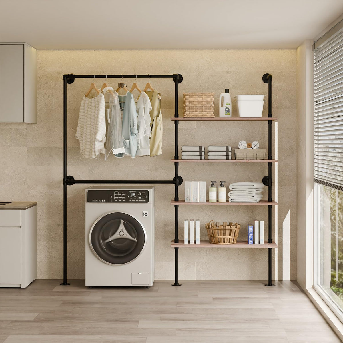 Wall Mounted Clothing Rack, Heavy Duty Pipe Closet, Pine Shelves
