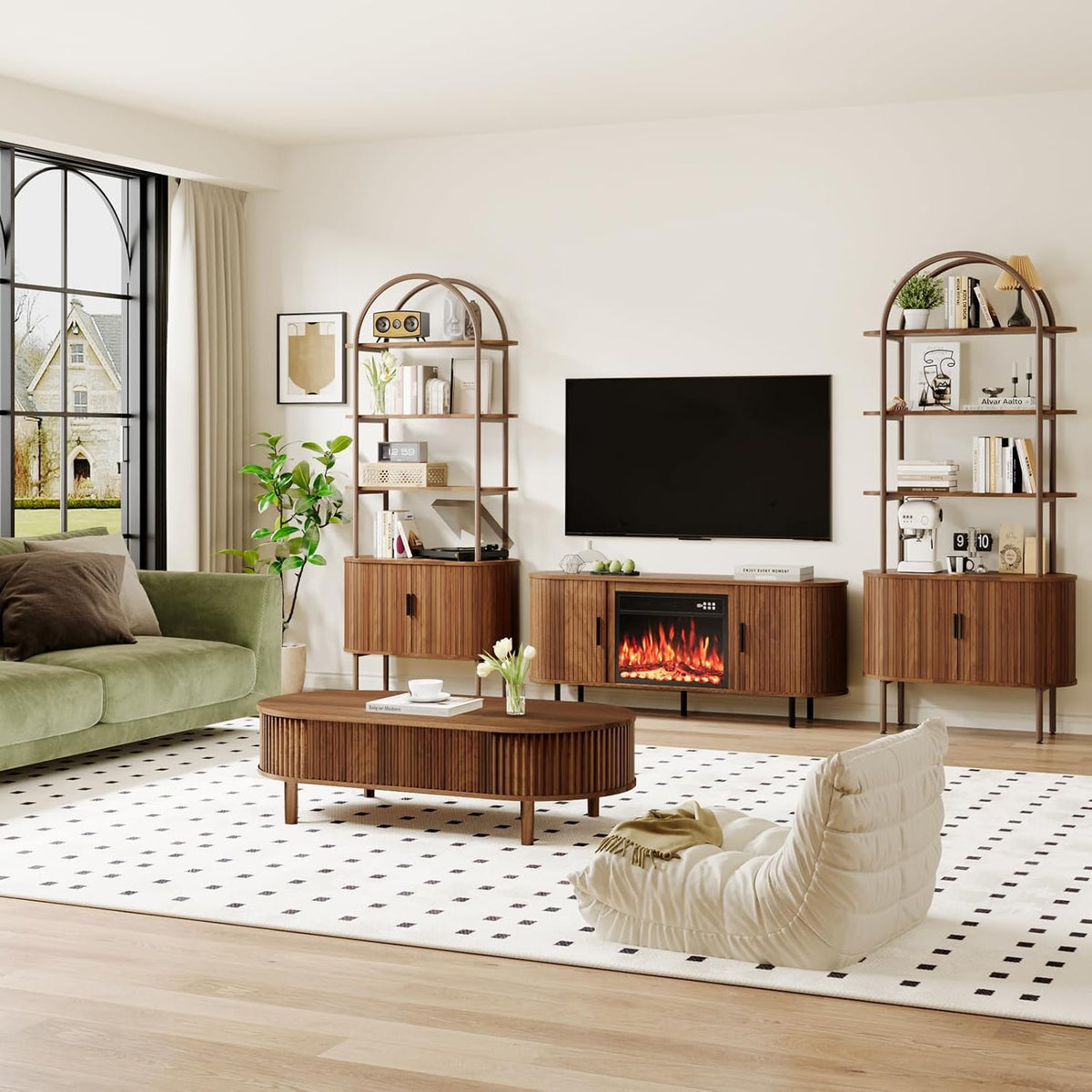 BREEZEHEAT Fluted Arched Bookshelf, Mid Century Modern Bookshelf with