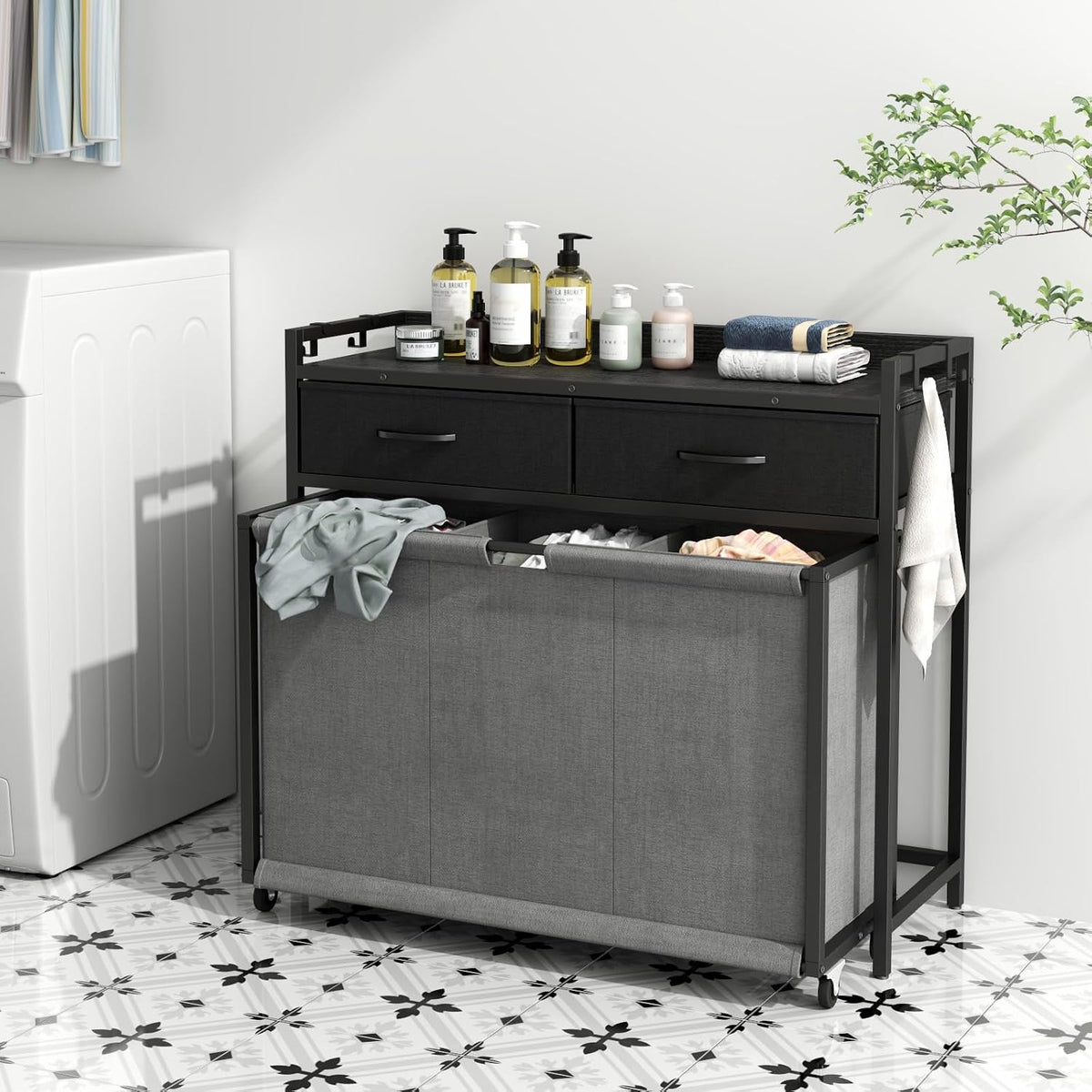 STIKELY Laundry Hamper Laundry Basket with 3 Section Pull-Out Rolling