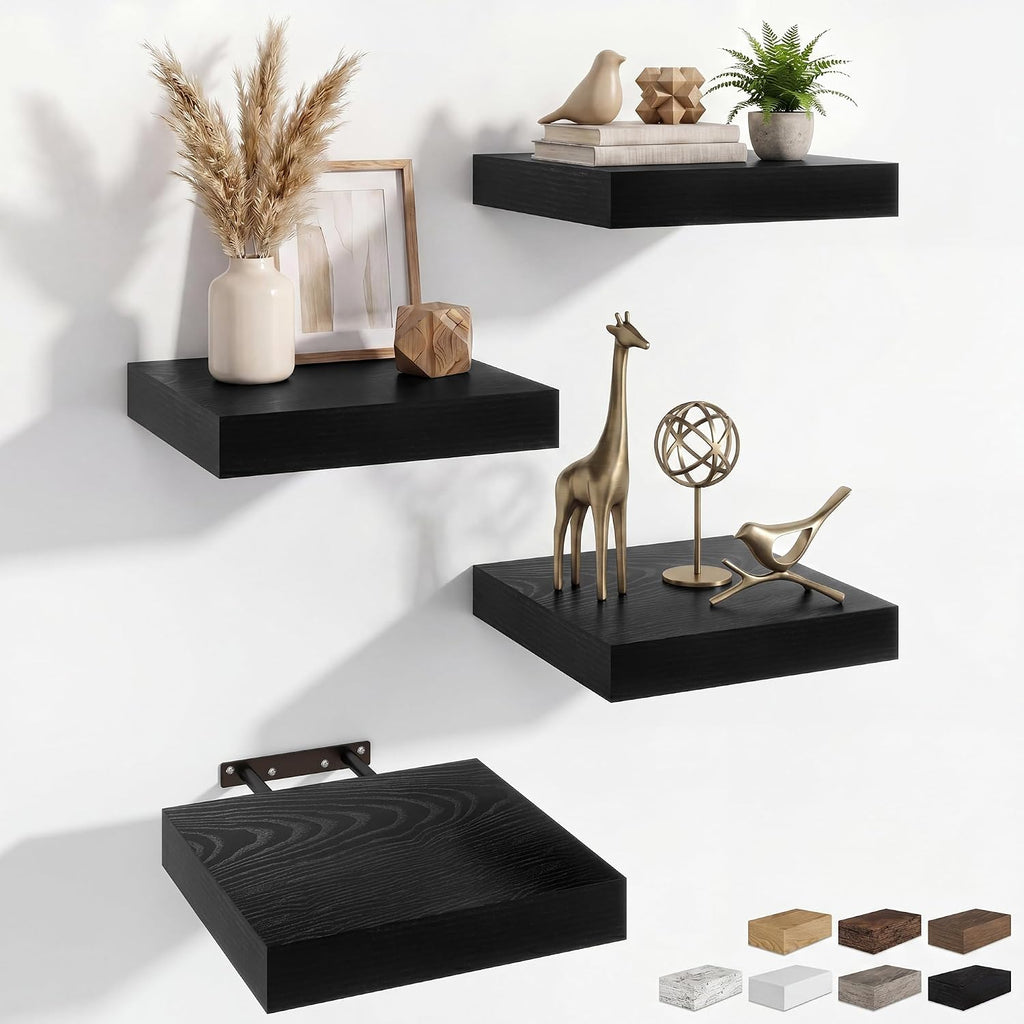 RICHFOCUS 8Inch Square Floating Shelves for Wall 4Pack|Black