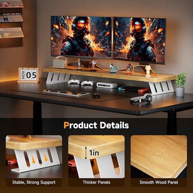 Dual Monitor Stand Riser, 39 Inch Large Wood Monitor Stands - Image 2