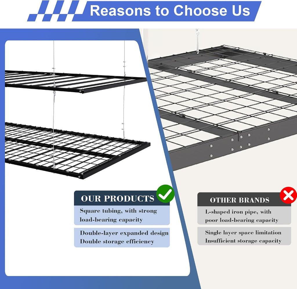 4x8FT Double-Layer Overhead Garage Storage Rack for High Ceilings