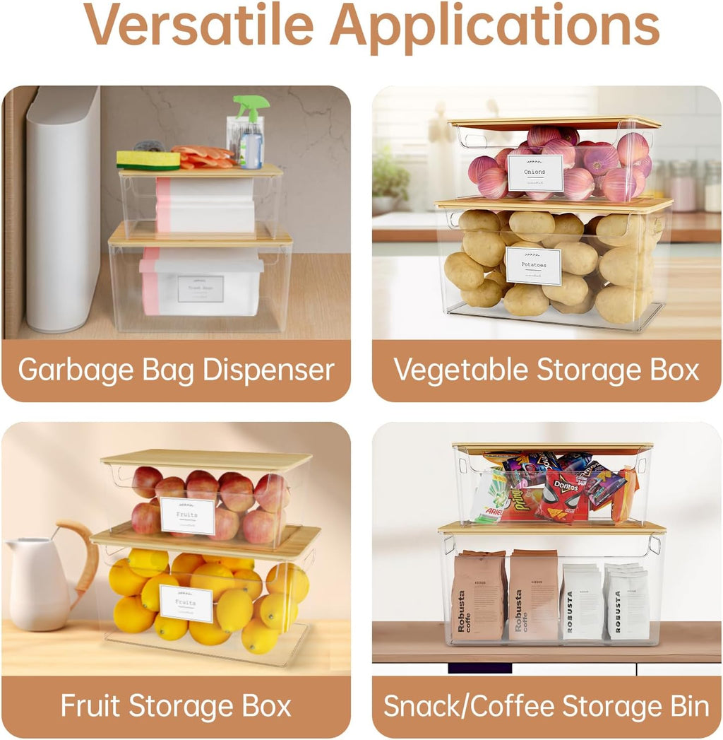 2 Pack Stackable Plastic Trash Bag Holder with Bamboo Lid Under Sink