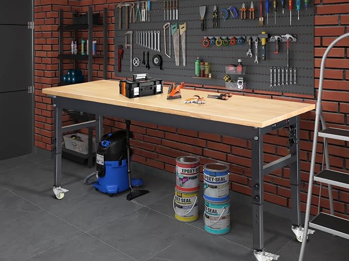 60" Adjustable Work Bench, Rubber Wood Top Workbench Heavy-Duty Work Table - Image 9