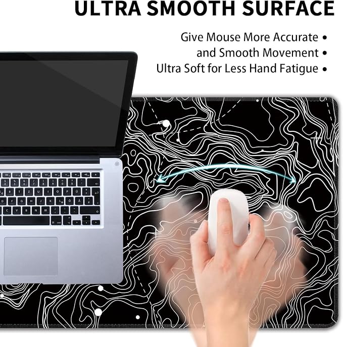 Black with White Topographic Line Large Mouse Pad, Gaming Keyboard Desk Pad - Image 5