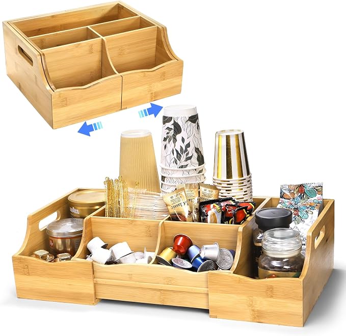 Coffee Station Organizer for Countertop, Bamboo Coffee Bar Condiment Organizer by WRINGKIT