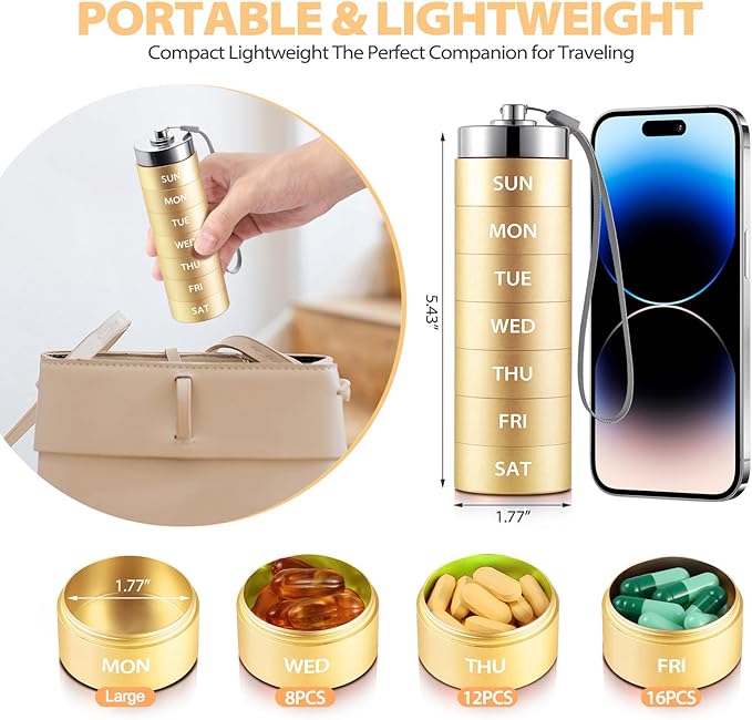 Metal Travel Pill Organizer, Large Weekly Pill Box, Portable Aluminum Alloy - Image 2
