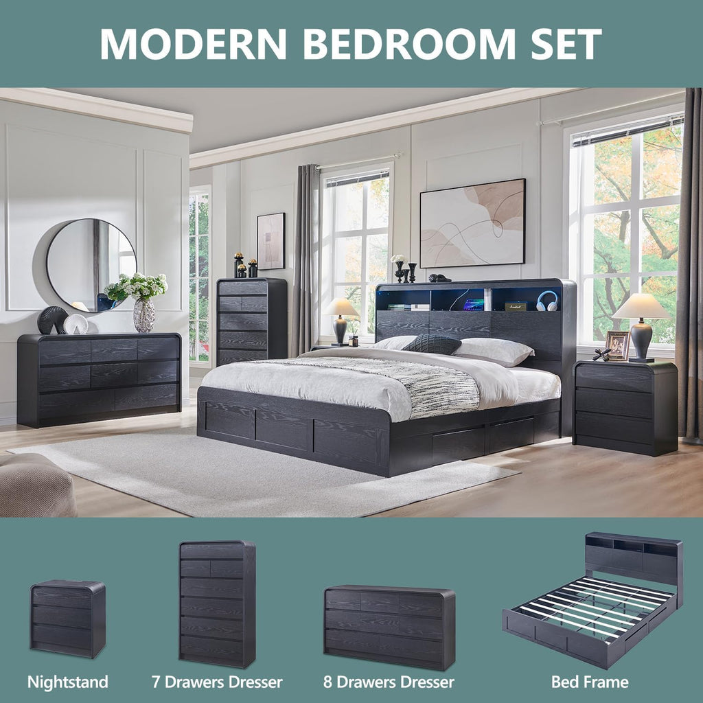 Aitjunz 25" Tall Modern Nightstand with Charging Station, 3 Drawers