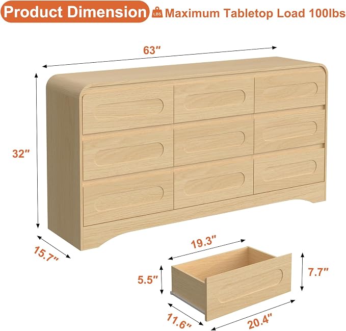 Dresser for Bedroom with 9 Drawers, Wood Closet Clothes Storage Long Dressers - Image 2
