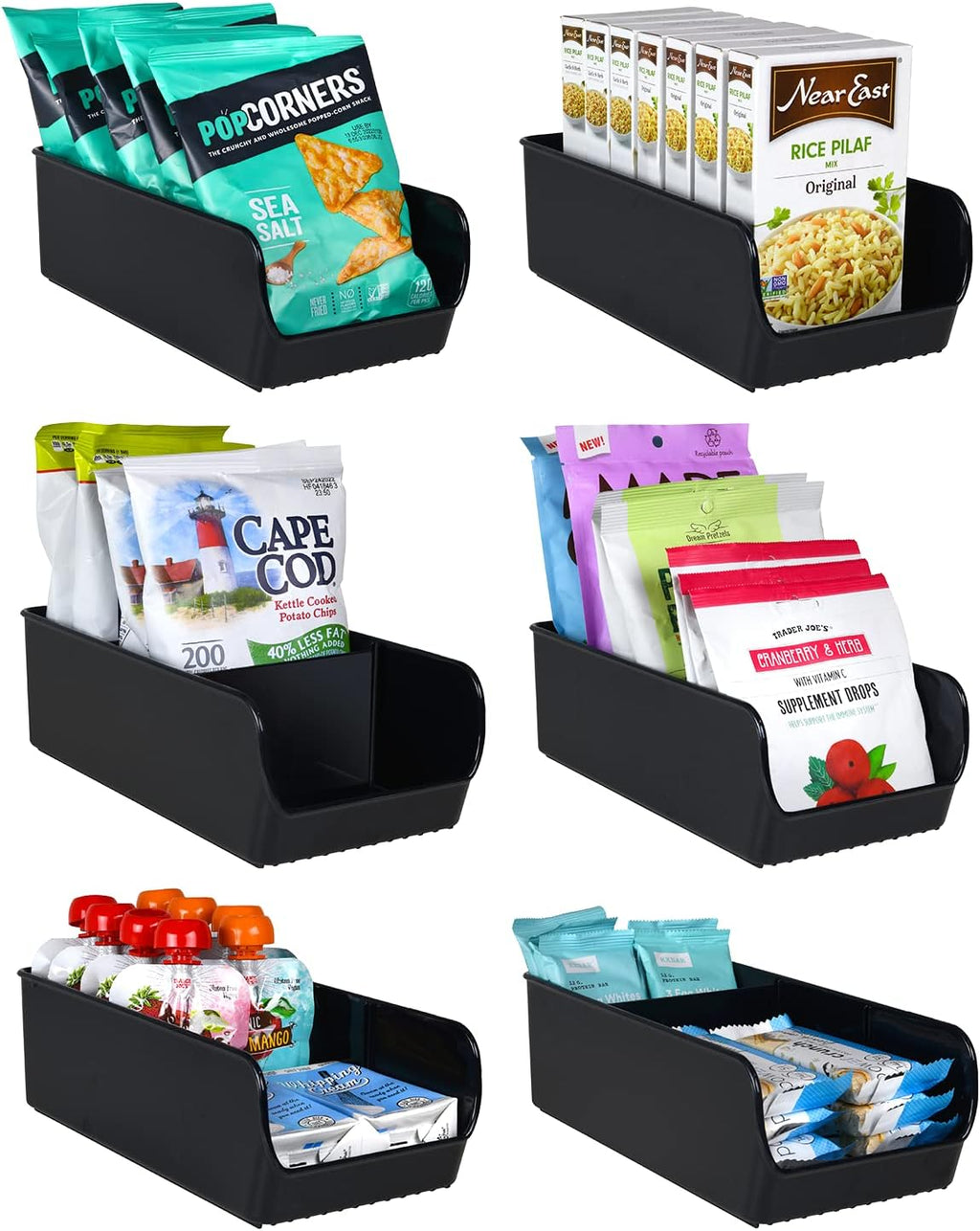 Black Storage Bins for Pantry - 3 Compartment Kitchen Cabinet and
