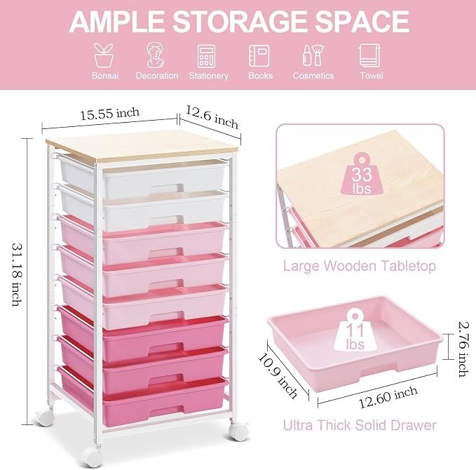 Rolling Cart with Drawers, Storage Cart with 8 Drawers and Wooden Tabletop - Image 6