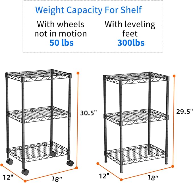 Small 3 Tier Shelves Storage Wire Shelving Unit Metal Shelf Adjustable - Image 3