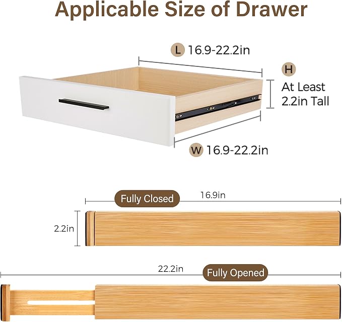 Bamboo Drawer Divider Set of 4, Adjustable Spring-Loaded Drawer Organizer - Image 2