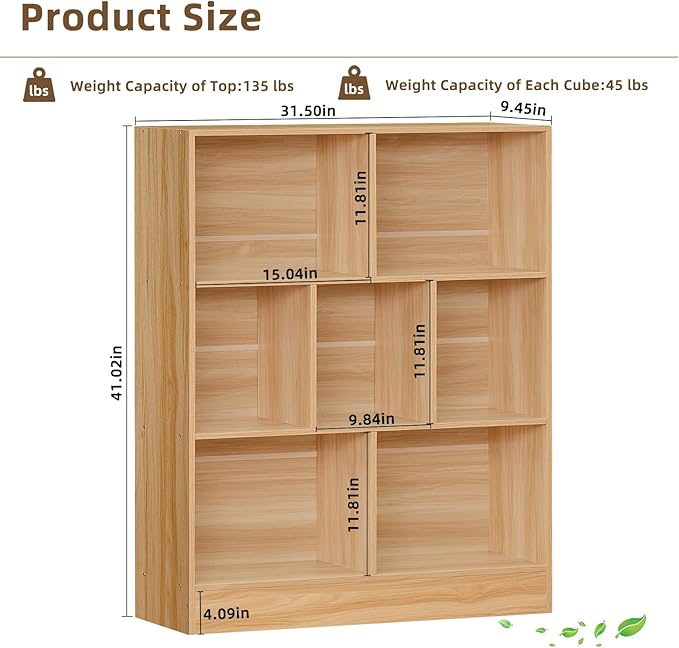 LEYAOYAO 7 Cube Bookshelf with Base, 3 Tier Mid-Century Modern Natural Bookcase - Image 2