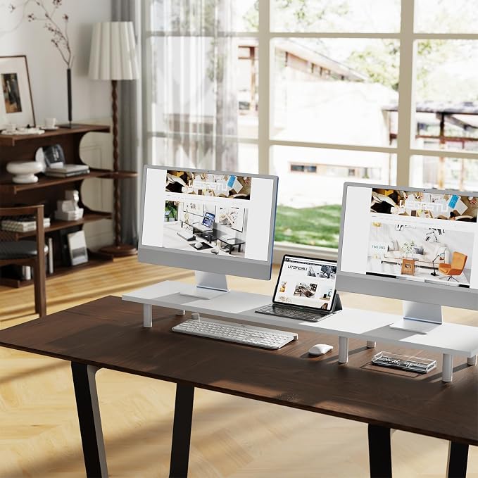 Large Dual Monitor Stand Riser 43.3IN，White Home Office Storage - Image 4