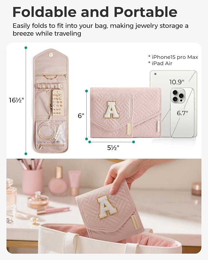 BAGSMART Travel Jewelry Organizer Case A Initial Foldable Jewelry Roll - Image 6