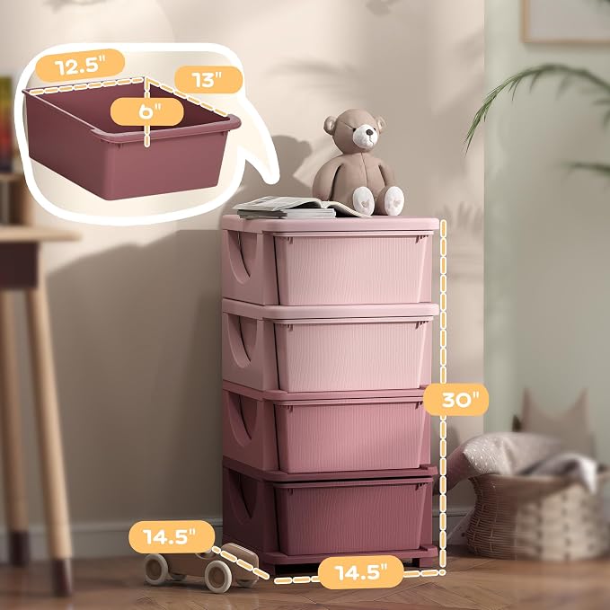 Qaba 4 Tier Kids Storage Unit, 4 Drawer Chest Toy Organizer Plastic Bins - Image 7